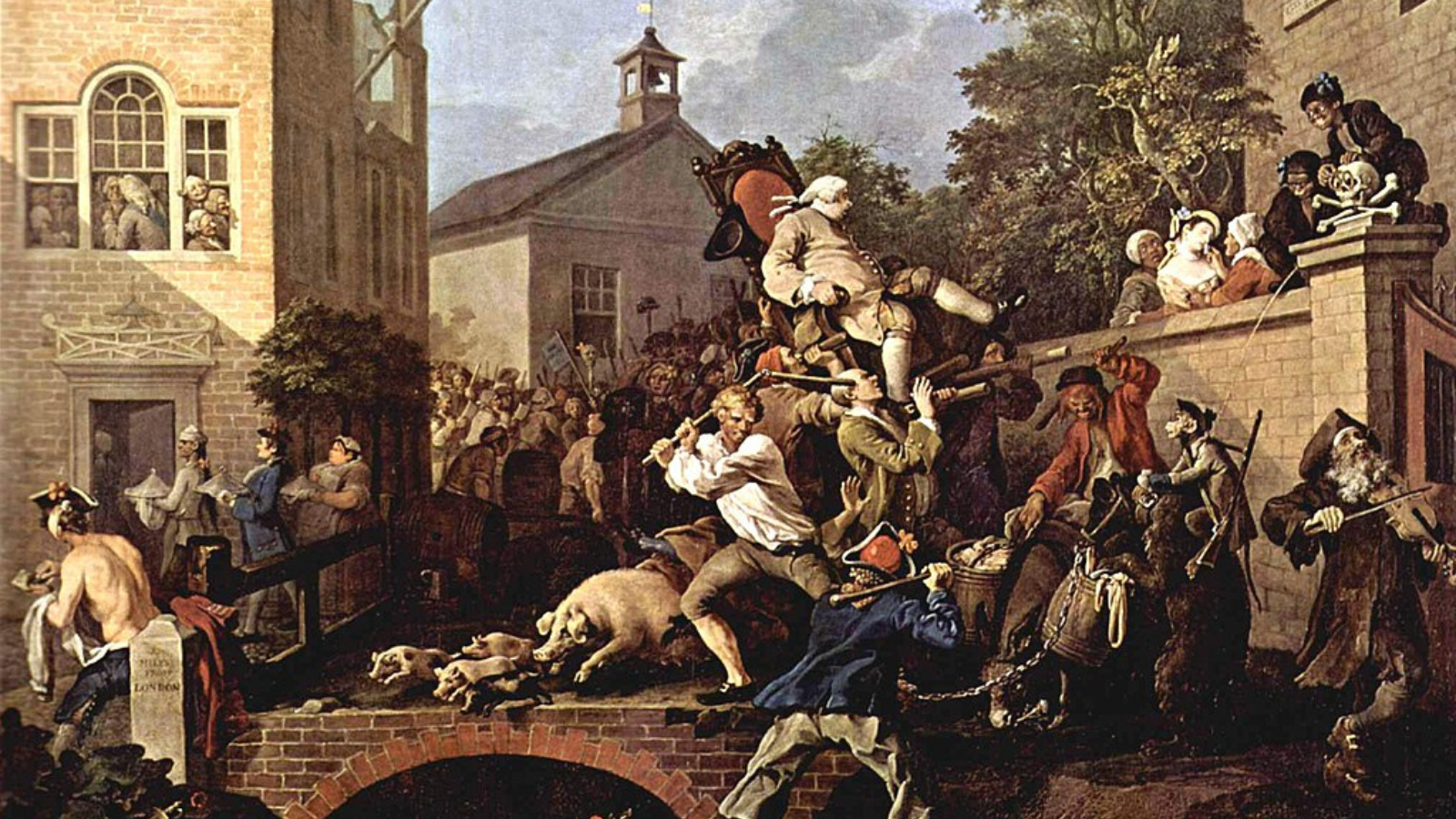 victorious Tory candidates carried through the streets on a chair on william hogarth's painting series on the humor of the election