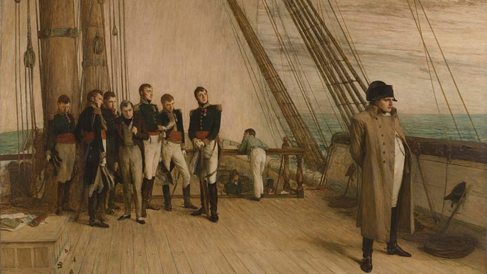 A painting by William Quiller Orchadson: Napoleon Bonaparte on the warship HMS Bellerophon after his surrender