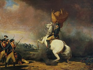 George Washington in the middle of the Battle of Princeton depicted by a 19th centurian painter